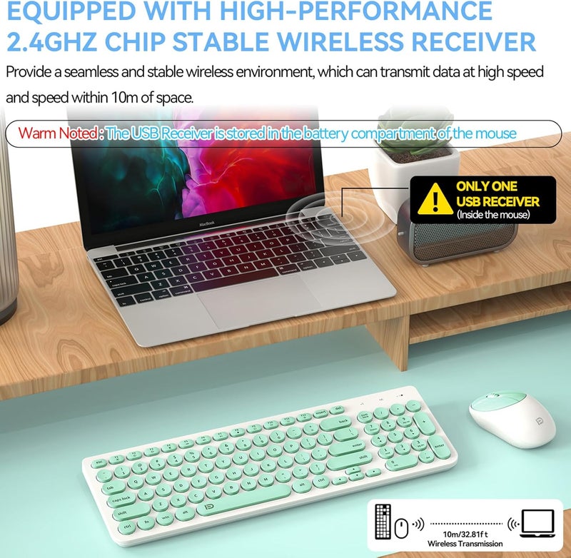 FD Wireless Keyboard and Mouse Combo - 2.4GHz USB Cordless, Cute Round Keys, Quiet and Slim Set for Laptop, Computer, TV, and Mac - Mint Green & White - Image 2